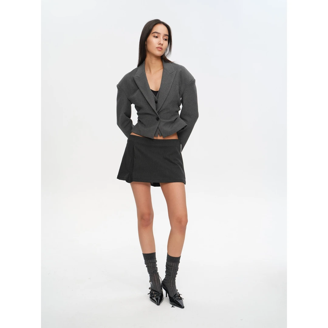 JOHNNYWU中灰假两件褶皱收腰短款西装外套