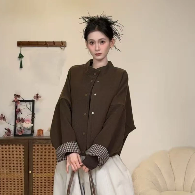 （6-8运贴）韩系设计感格纹撞色毛呢外套秋冬小个子单排扣开衫