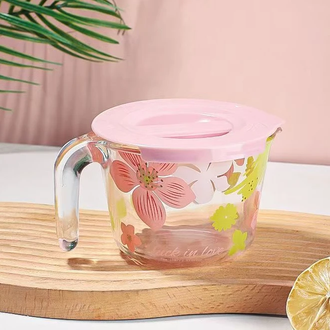 【今日送盖子】樱花量杯带刻度杯子家用耐高温大容量打蛋杯早餐杯