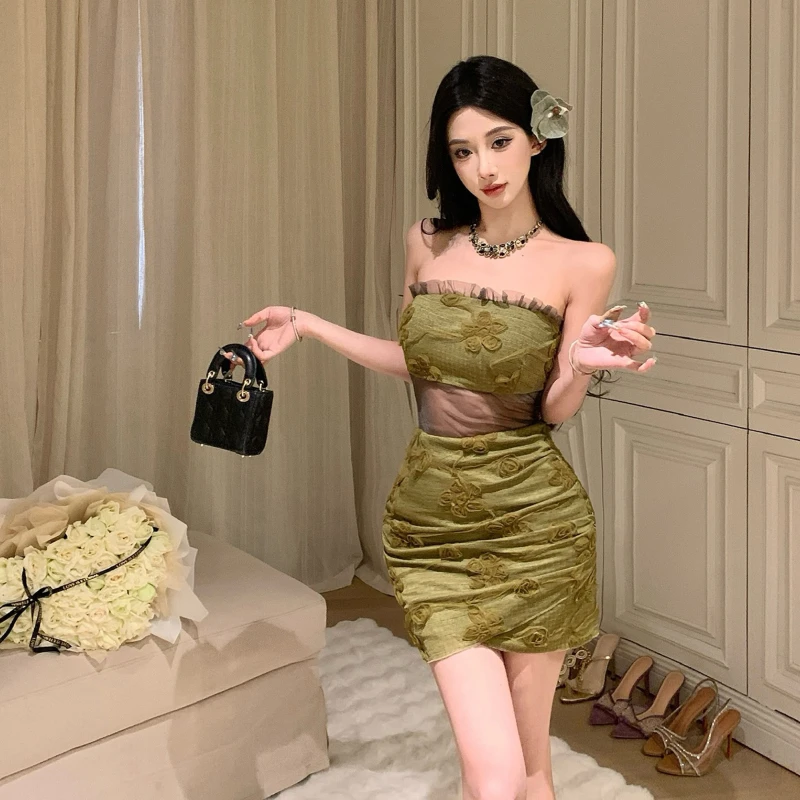 纯欲风性感夏季新款辣妹蕾丝镂空抹胸露腰连衣裙气质显瘦包臀短裙