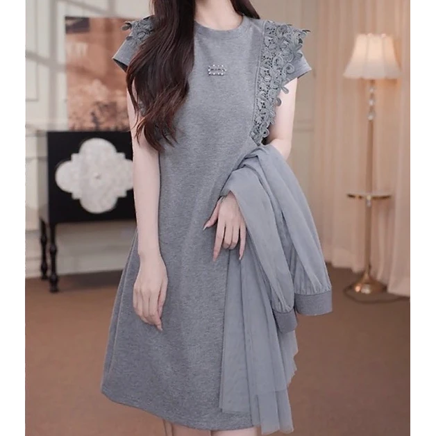 宁宁·陌上生花·夏季新款气质圆领刺绣拼接百搭显瘦时尚连衣裙