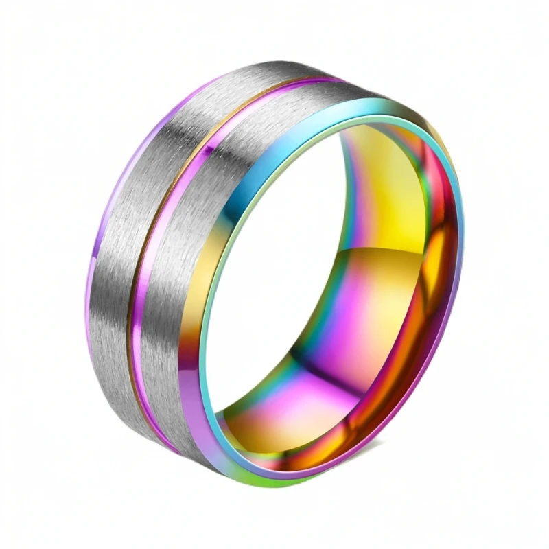 钨金琉璃戒指 欧美风8mm经典时尚双色拉丝不锈钢双色凹槽钛钢男士