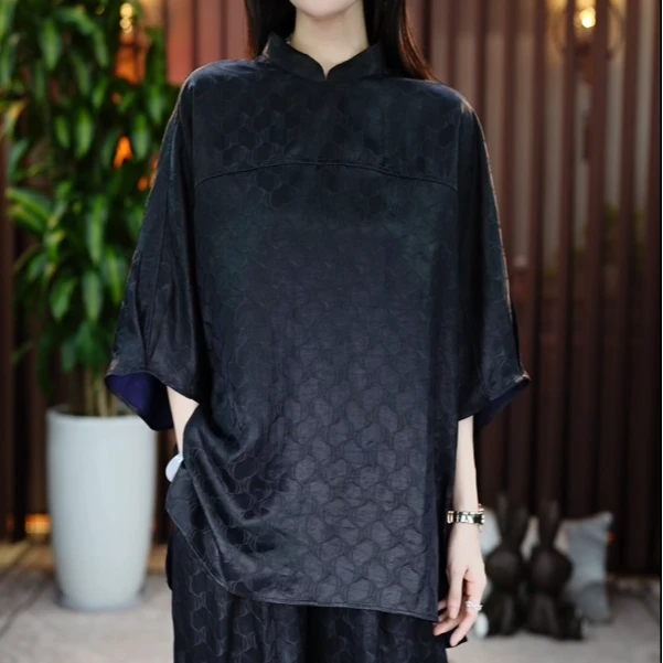 【金禧禧服饰】蓝皮子香云纱水波纹上衣J24062-3