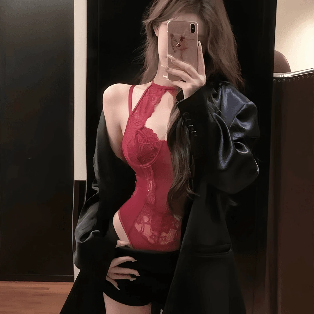 性感镂空蕾丝拼接套脖辣妹风可拆卸胸垫连体衣钢圈聚拢小胸显大