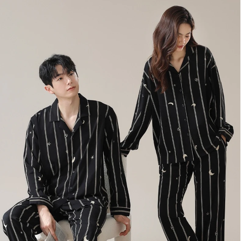 春秋情侣长袖棉质睡衣女套装抗菌防螨家居服宽松透气一男一女超柔