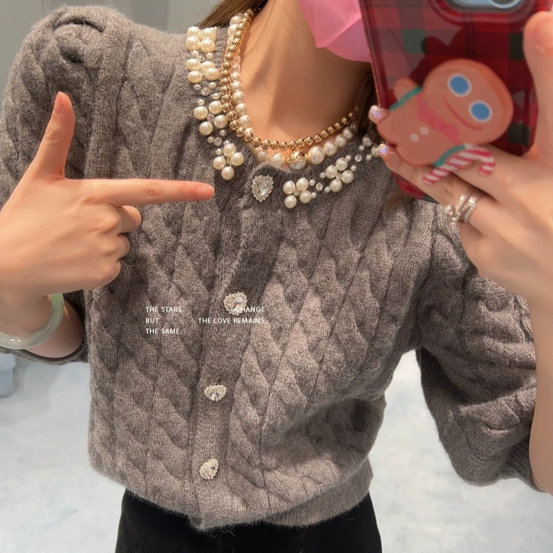 【LILYLIKES】重工手工水钻港味泡泡袖扭花毛衣开衫小香风