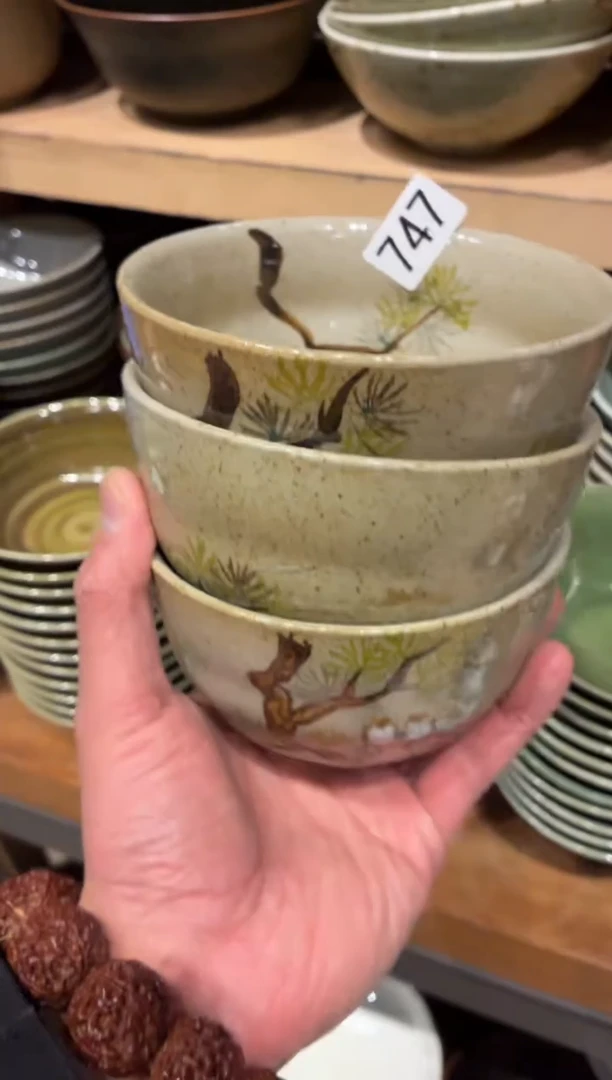 瓷片小*条747手绘黄鹂饭碗3个