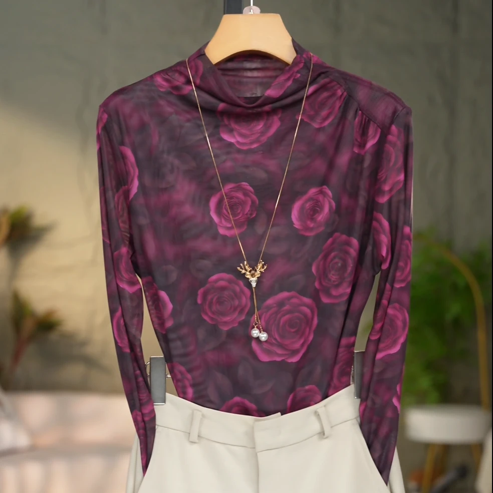 1308#洋气长袖网纱优雅气质小衫女印花立领T恤女士半高领打底衫