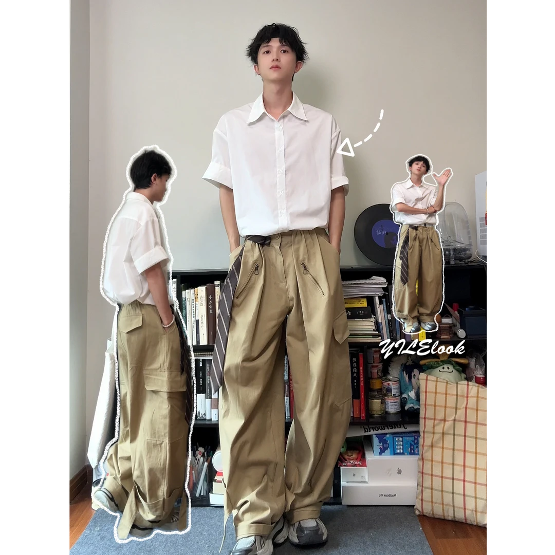 QIUYIDAODI2025年夏季新款男生休闲裤宽松多口袋工装裤子男生裤子