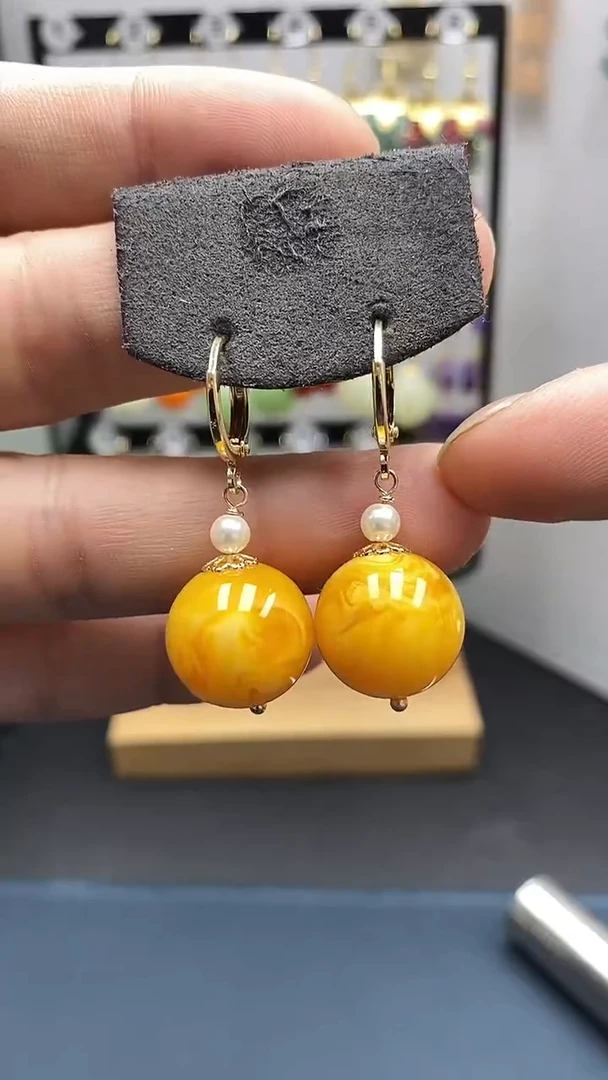 【闪购商品】蜜蜡耳饰银S925镀金镶嵌尺寸16mm耳扣06