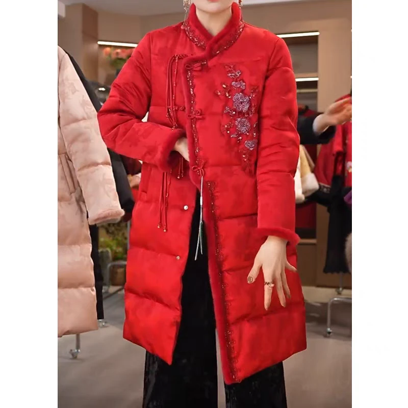 新中式国风女装中长款刺绣夹棉加厚外套R立领斜襟百搭直筒款上衣