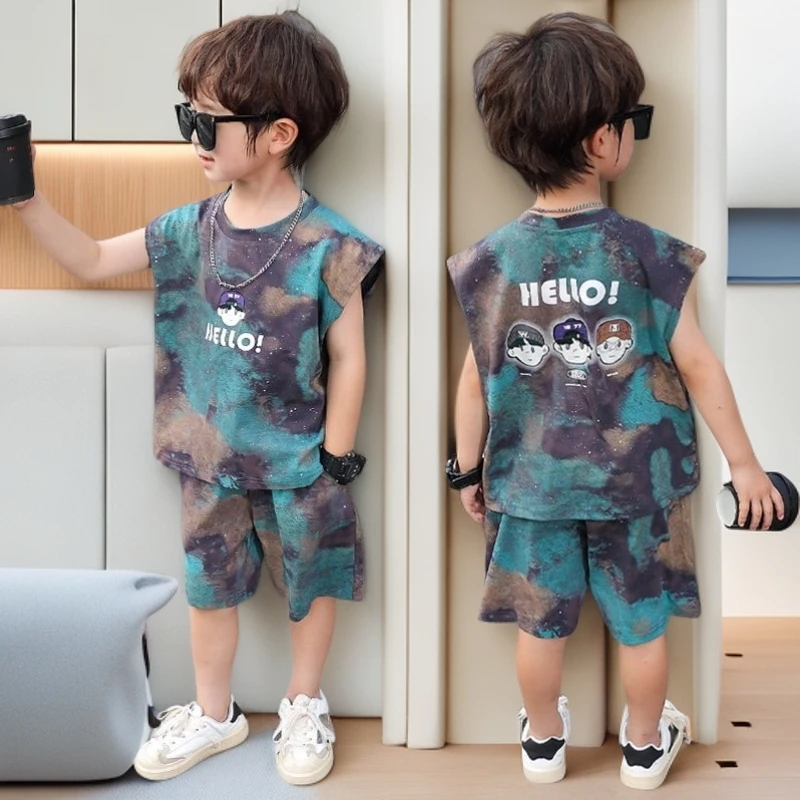 男童6岁潮款套装男孩8-16岁洋气胖男童短袖t恤男童国风套装夏季