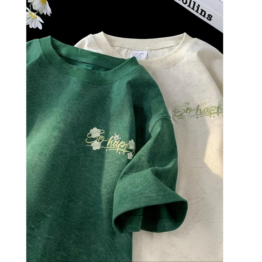 美式刺绣冰丝短袖T恤男秋季潮牌砂洗凉感五分袖宽松休闲百搭上衣