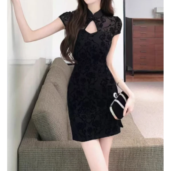 （大嘴）夏季大码辣妹提花旗袍裙长短款3558长+3559短