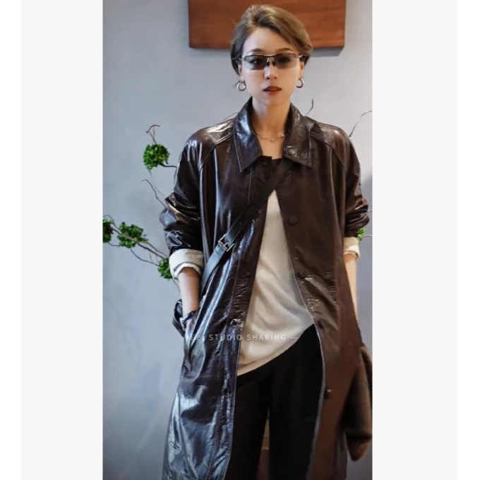 【黑标系列】超轻薄环保植糅牛皮中长双面穿皮风衣皮衣外套25324017