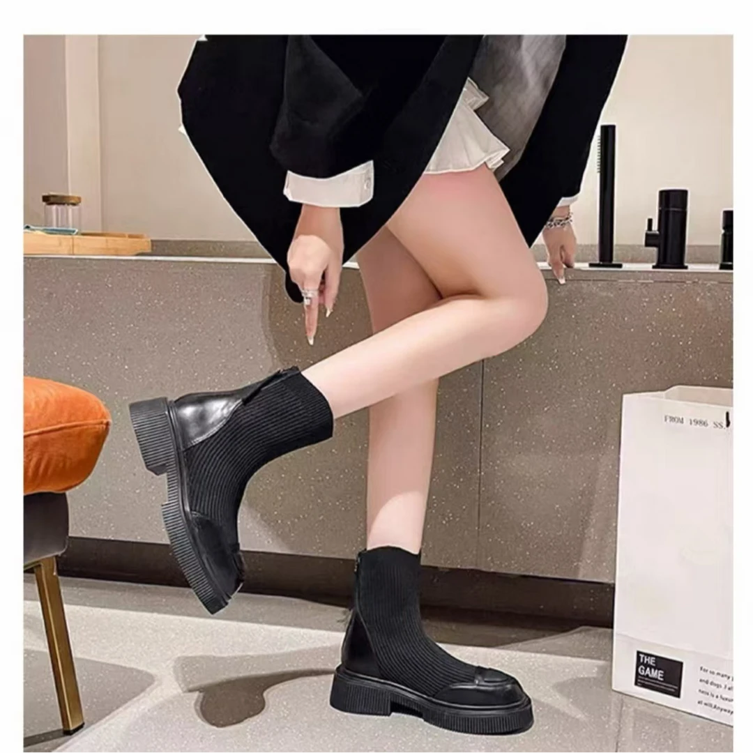 W820新款高帮袜子鞋飞织瘦瘦袜靴马丁靴英伦风短靴秋冬短靴四季款