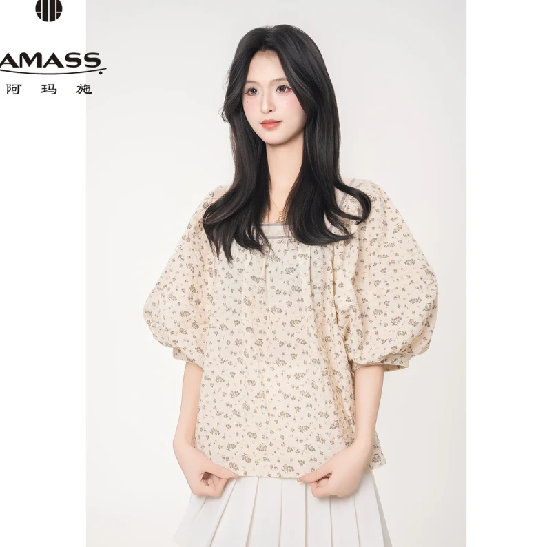 AMASS阿玛施春夏新款方领小清新碎花松弛感泡泡袖衬衫女 5300627