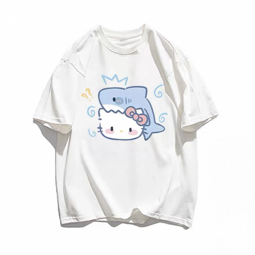 夏季新款卡通鲨鱼小猫印花中大童女童纯棉短袖t恤休闲百搭半袖ins