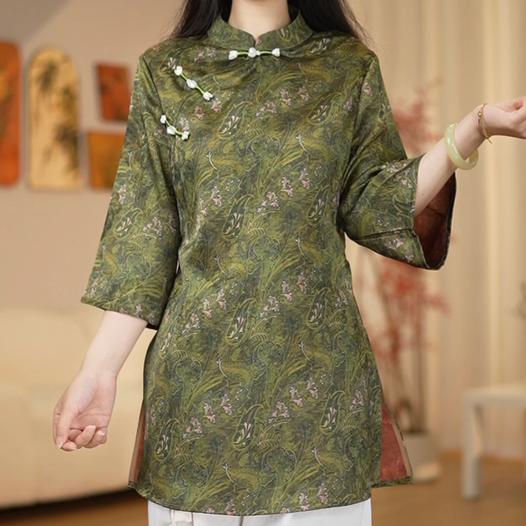 【3102-绿树浓荫】改良新中式国风复古宽松小衫七分袖上衣奥黛-菲哥