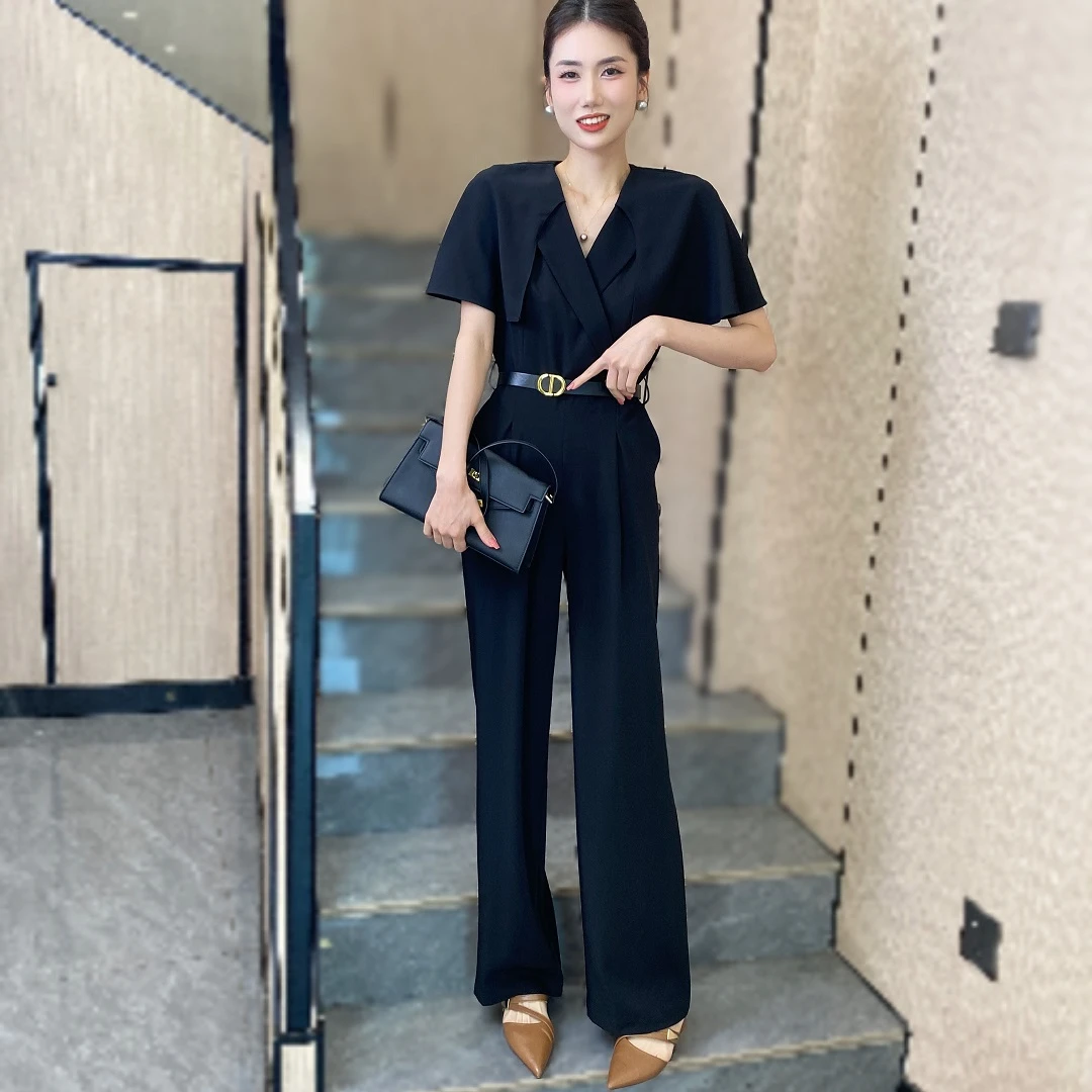 连体裤腰带高腰设计感休闲长裤黑色显瘦拼接时尚简约拉链