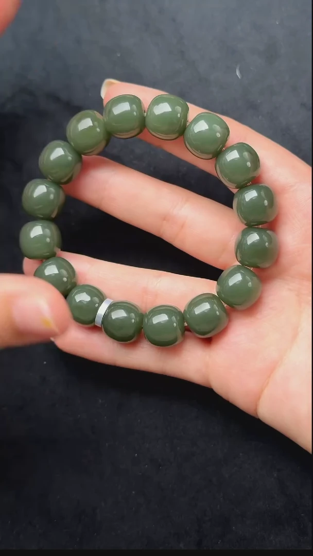 颈饰未镶嵌和田玉015-青玉老形珠手串-14mm-A2560-1209