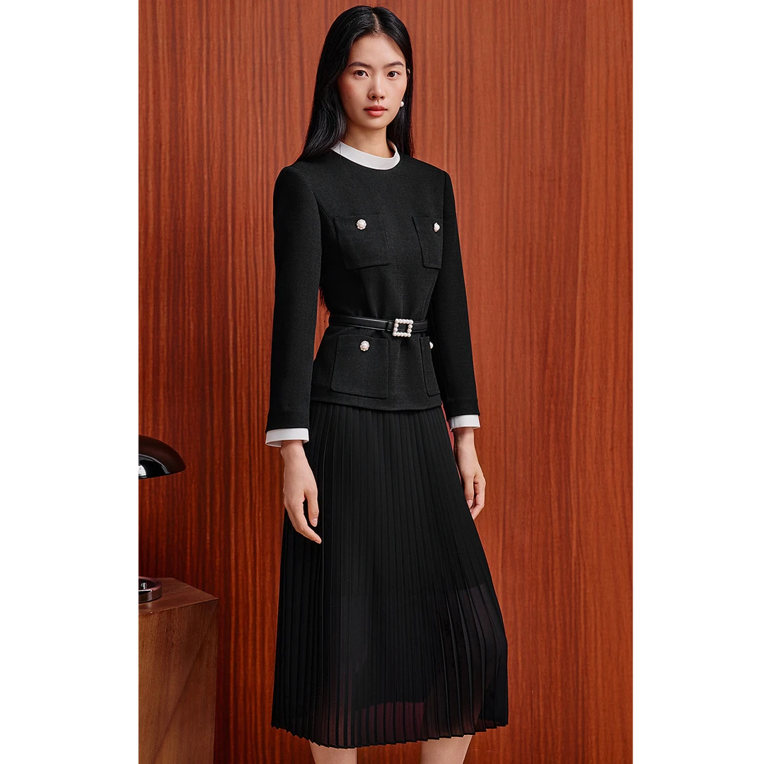 OBBLIGATO奥丽嘉朵优雅气质圆领醋酸拼接百褶连衣裙1C65505130