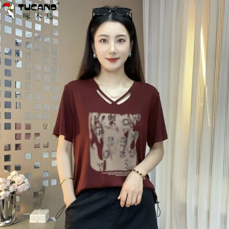 【交叉V领】2025春夏季短袖T恤女轻奢宽松洋气时尚显瘦休闲减龄恤衫