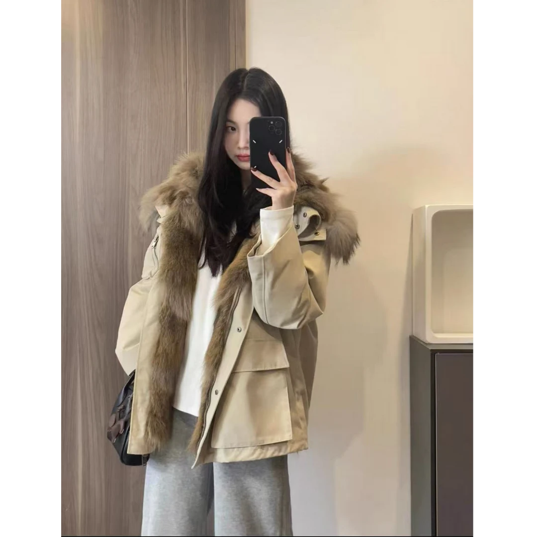 超好看2025韩版新款加厚冬季保暖工装内里毛毛女中长款毛领派克服