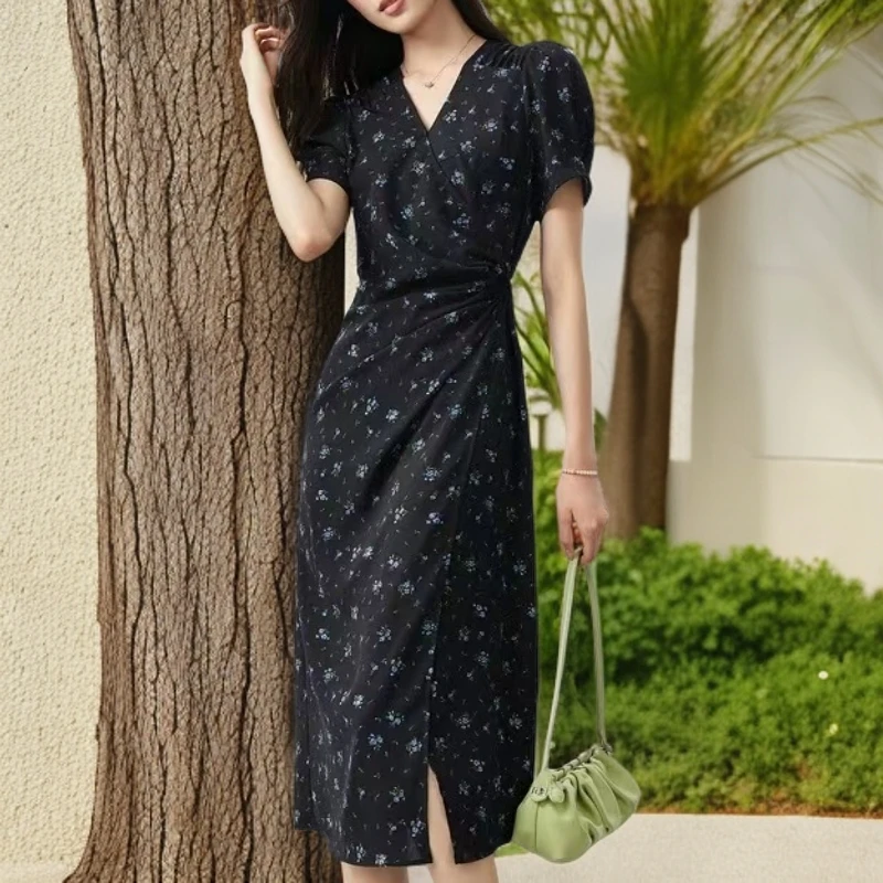 夏季法式韩版V领开叉碎花连衣裙时尚优雅气质收腰系带显瘦裙子