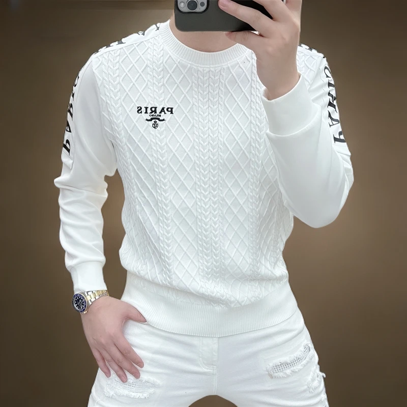 男士打底衫2025春秋新款个性潮牌字母刺绣针织拼接休闲长袖卫衣