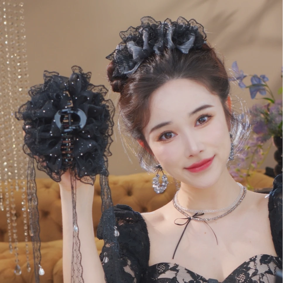 【蕾丝抓夹】飘带可拆卸原创设计风款式13公分抓夹鲨鱼夹2379