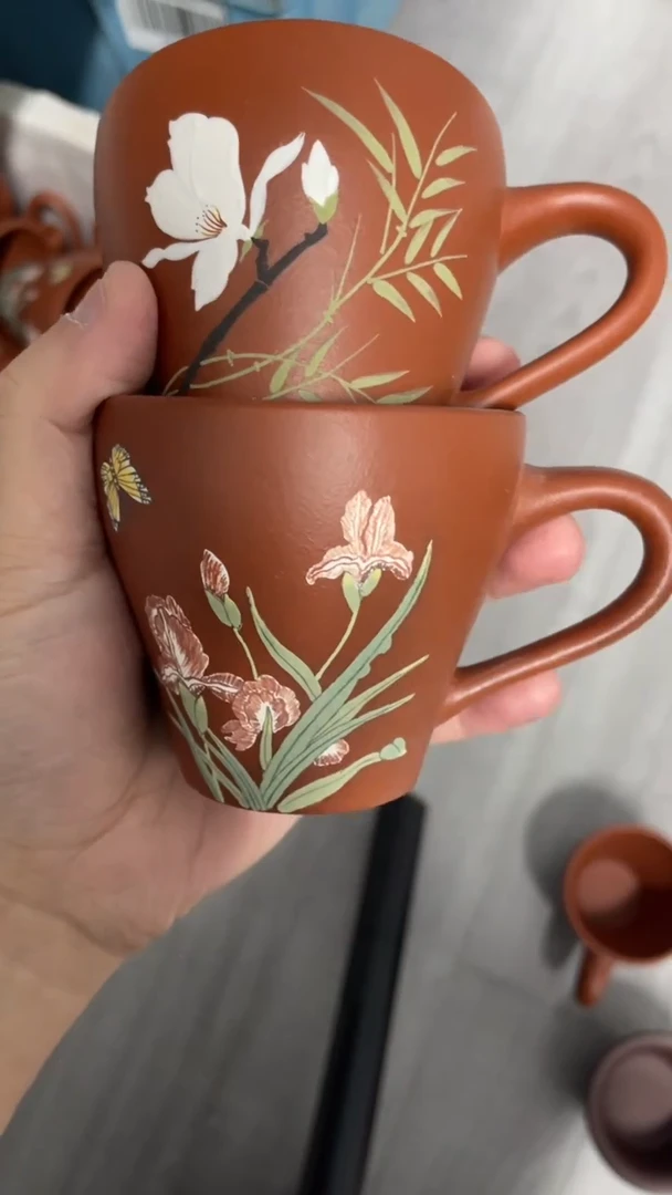 茶壶紫砂朱泥手把杯一对