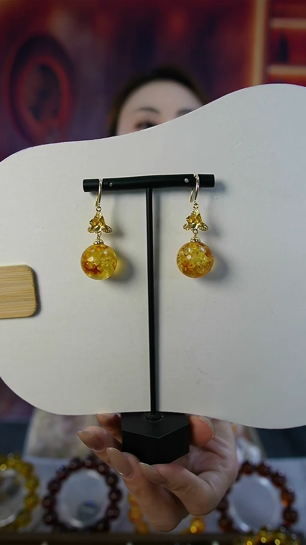 琥珀银S925镶嵌耳饰天然花珀耳坠 17mm+ 设计款