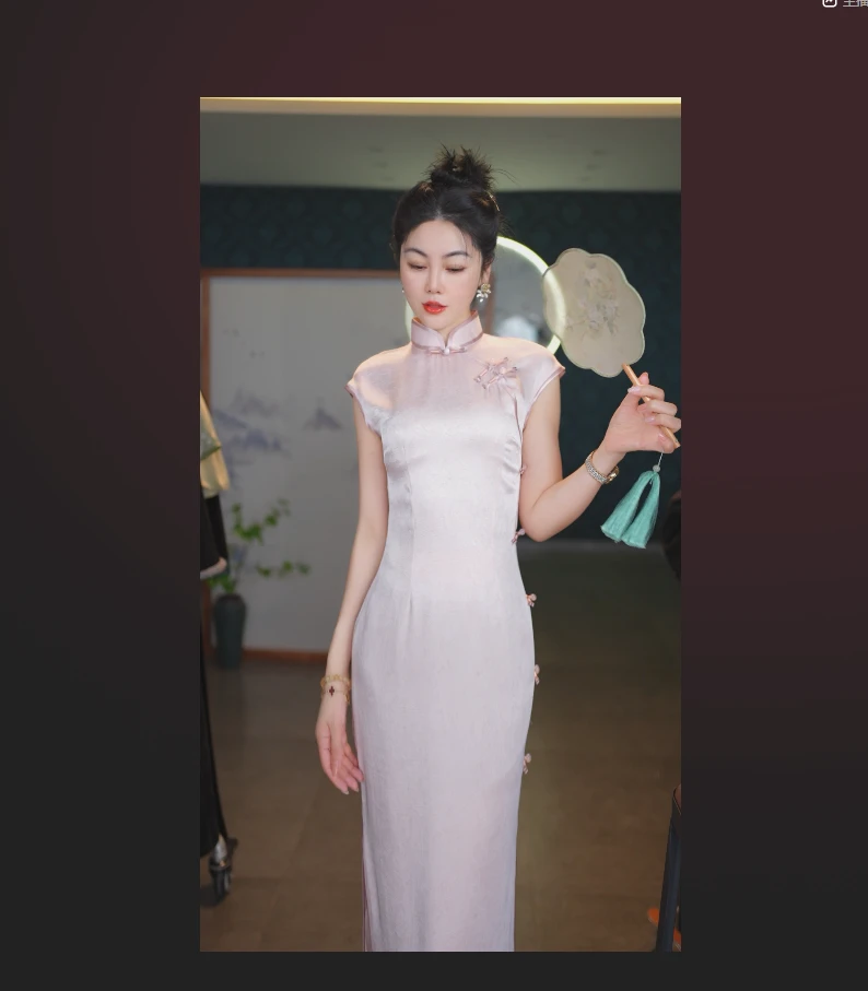 新款高端优雅长款粉色优雅旗袍中国风日常高级气质