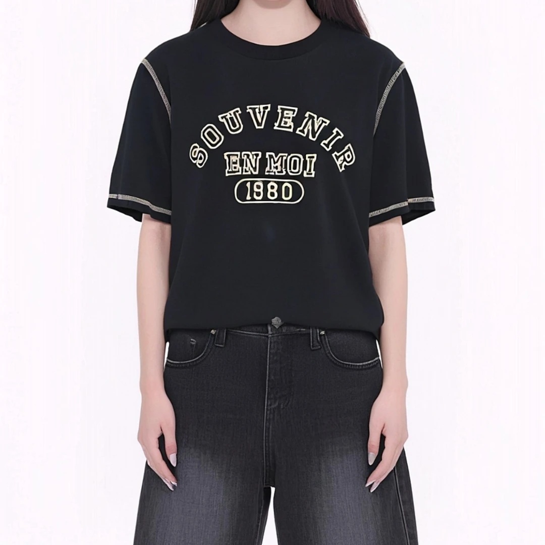 G03168短袖杂志风圆领见外包装字母T恤女士春日慢人风