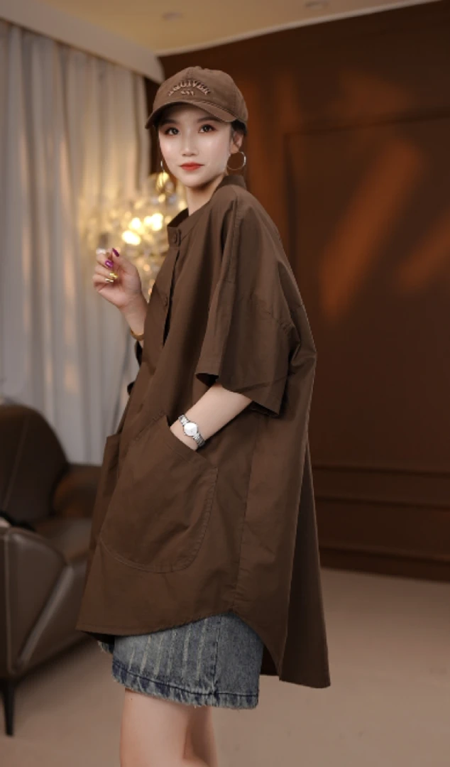 2025夏季新款欧韩时尚圆领复古风宽松短袖衬衫女305