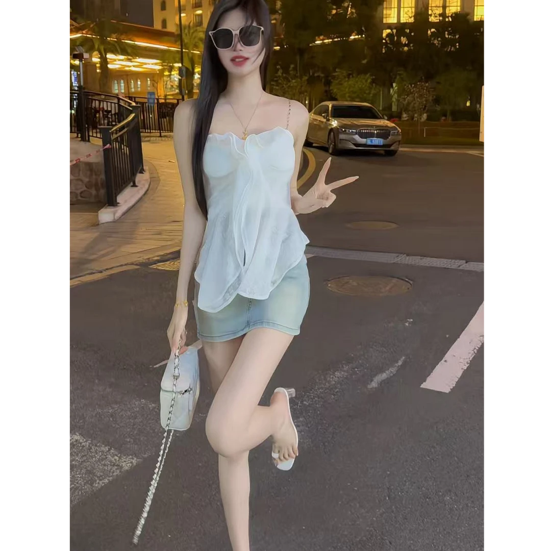 夏季新款百搭无袖甜美浪漫中长款内搭镂空吊带牛仔短裙弹力软牛仔