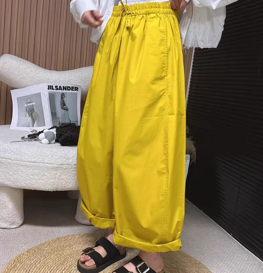 夏季薄款裤松紧腰卷边工装休闲裤女百搭抽绳高腰阔腿气球裤九分裤