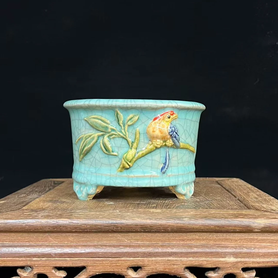 【753】石湾手工彩绘鸟语花香正圆花盆15*15*12内深8