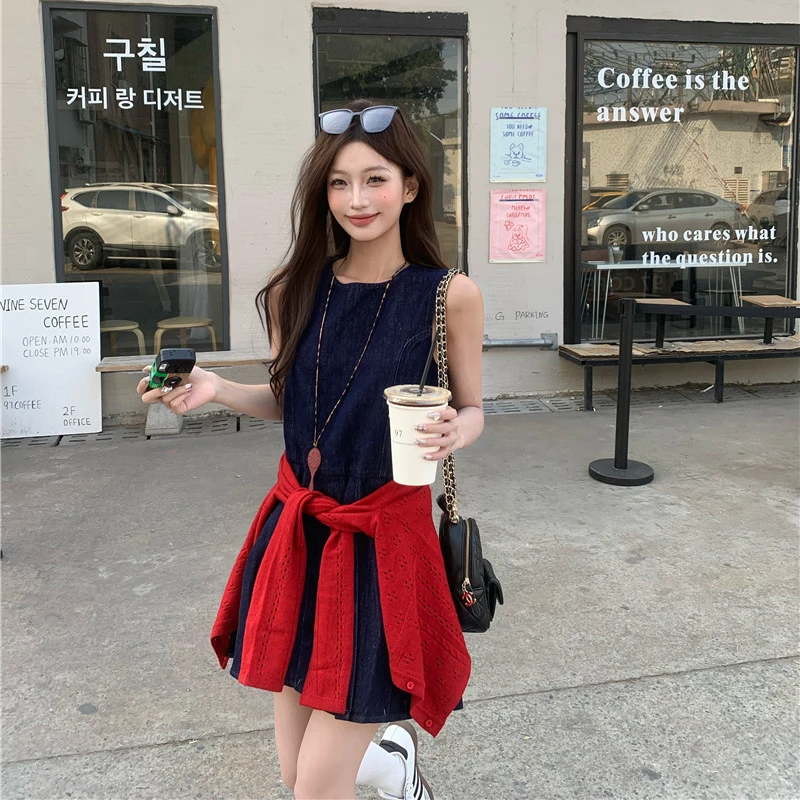 FRVXO【丹宁少女】复古文艺圆领长款短款A字牛仔背心裙针织开衫套装