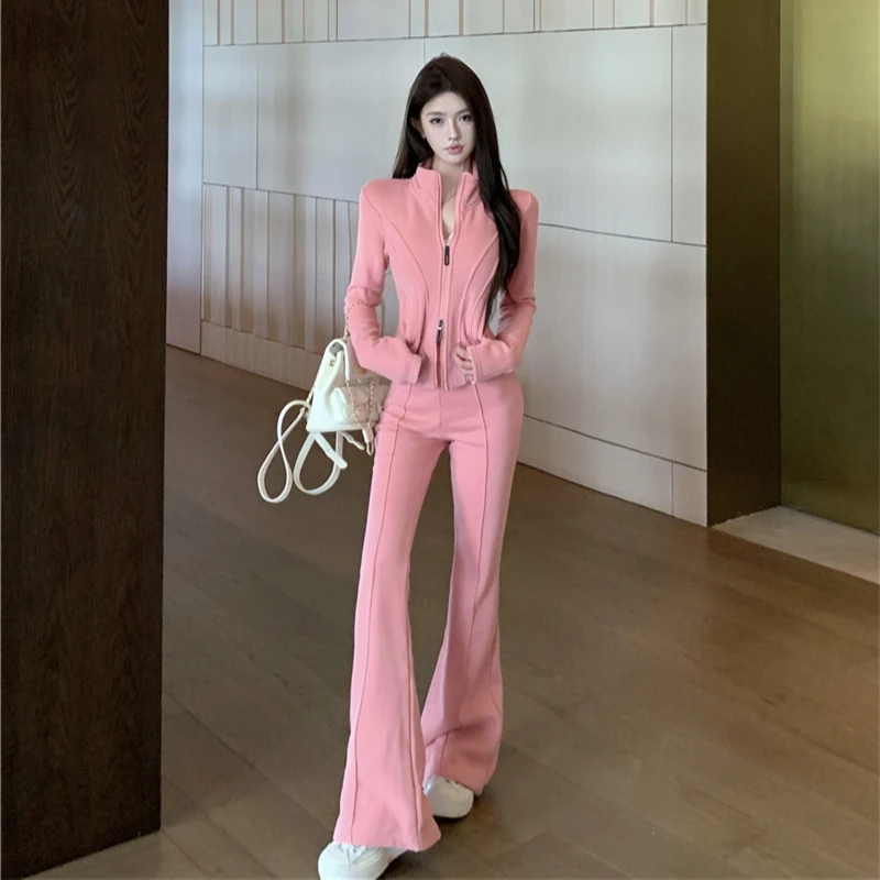 2025春季新款时尚韩系收腰显瘦休闲风设计感长袖上衣女高腰喇叭裤