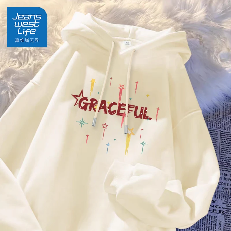 真维斯无界卡通印花重磅连帽卫衣女春秋季甜美学院长袖慵懒风上衣