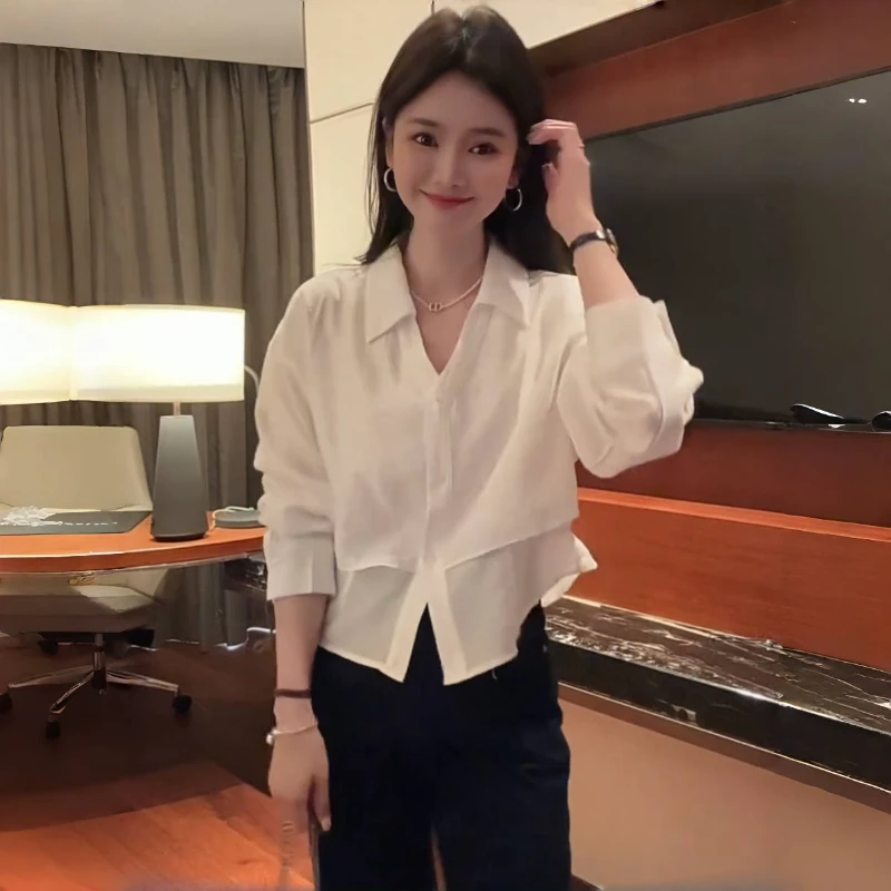 2025春秋季新款女士白色假两件衬衫时尚休闲减龄系带收腰显瘦上衣