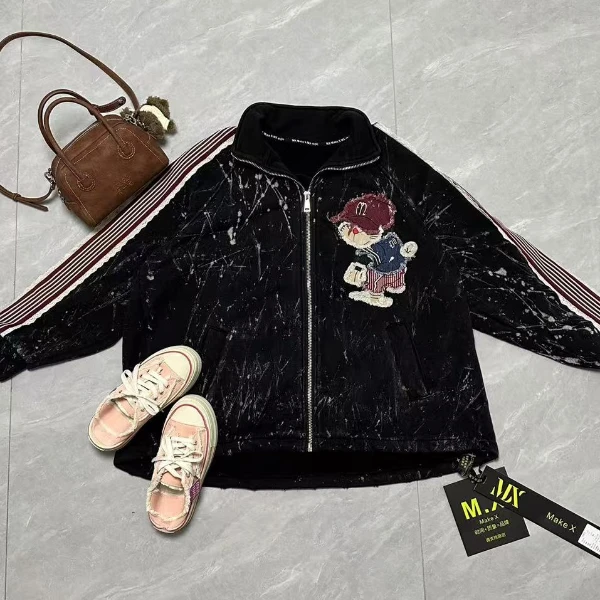 二龙欧货2店【棒球猫黑色蓝胖子加绒外套设计师潮牌】62180