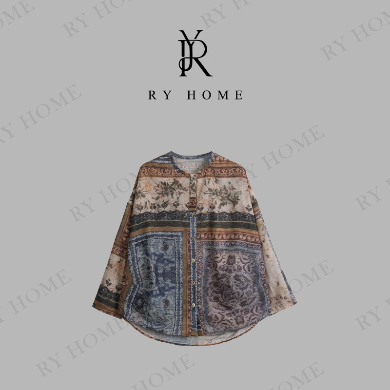 【容雨RYHOME】欧若风宽松复古印花长袖衬衫251C1376