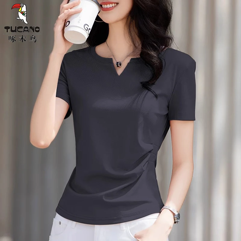 啄木鸟爆款时尚2025年夏季减龄显瘦百搭高端短袖T恤修身气质上衣