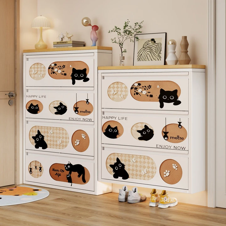 复古萌猫超薄鞋柜一体柜门口入户柜斗式鞋柜网红翻斗窄柜