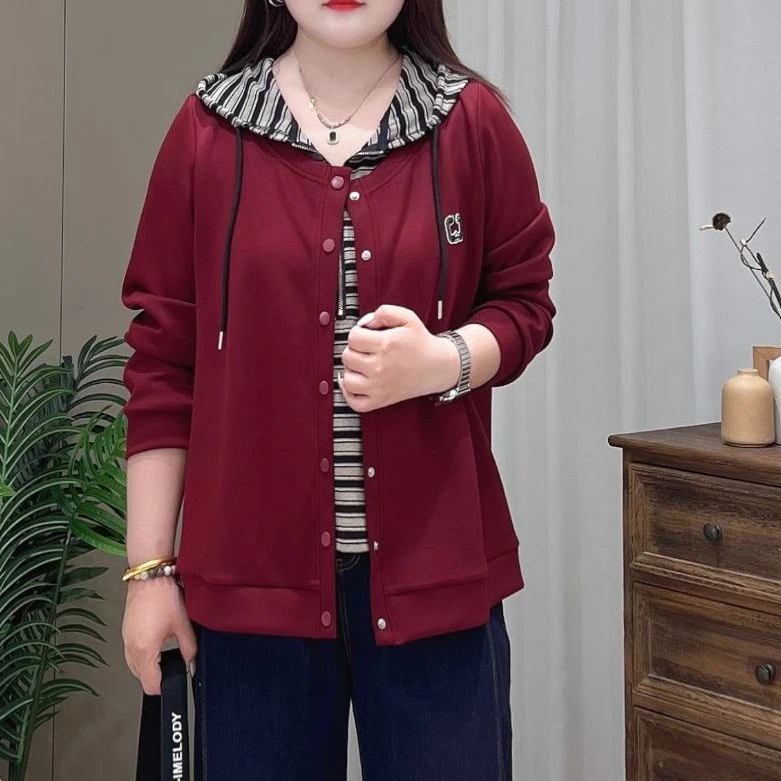 【胖霜霜现货仅上衣】PMM82151秋款时尚休闲条纹连帽假两件大码女装
