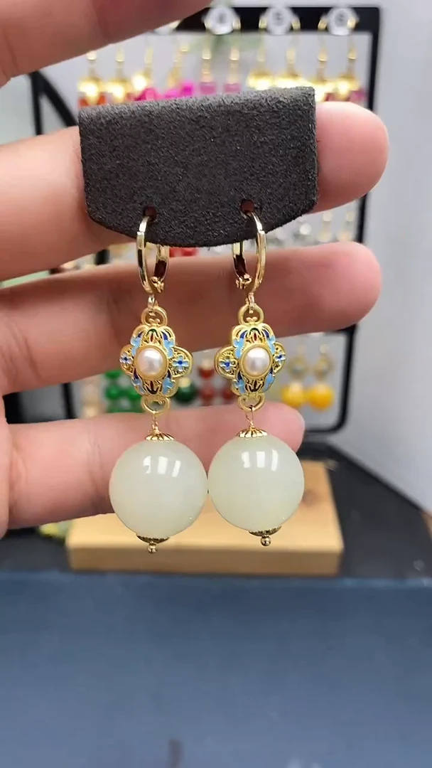 和田玉银S925镀金镶嵌耳饰尺寸16mm耳扣A2