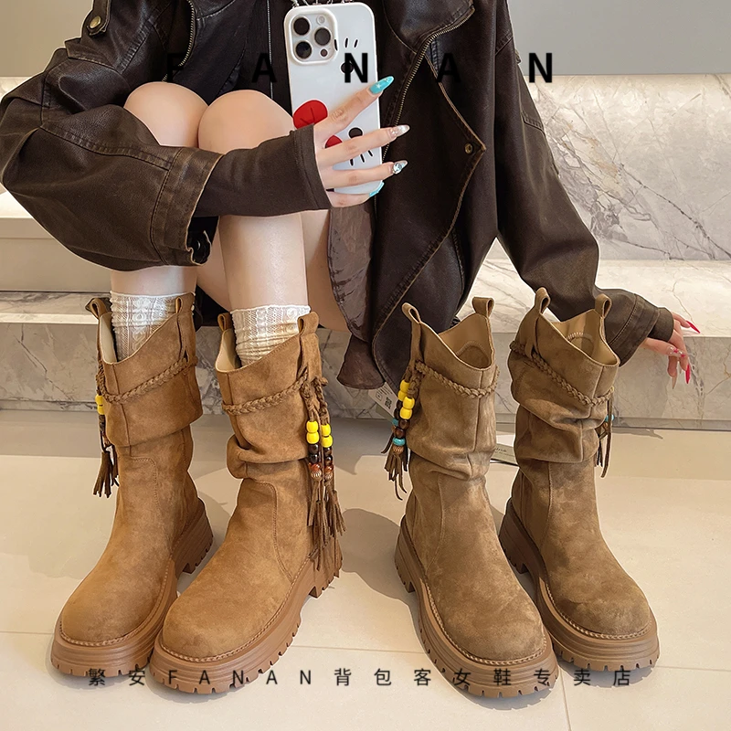 废土风流苏厚底马丁靴女秋冬2025新款小个子圆头复古显瘦堆堆靴潮